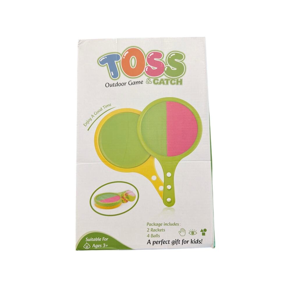 Toss and Catch Game for Kids - 2 Paddles &4 Balls Set - Green & Yellow - New
